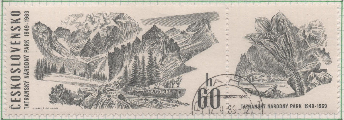 Sello E01565: hoja 101, Checoslovaquia: Sello Gris, dentado. 20 Aniv. Parque Nacional de Tatra. El gran valle helado de Bielovodska, 60 Haleru