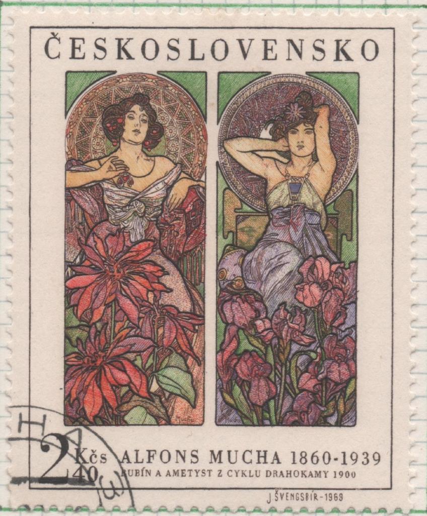 Sello E01564: hoja 101, Checoslovaquia: Sello Multicolor, dentado. Mujer y arte. Pinturas de Alfons Mucha, 1860 - 1939. Ruby y Amatista, 2 Koruna