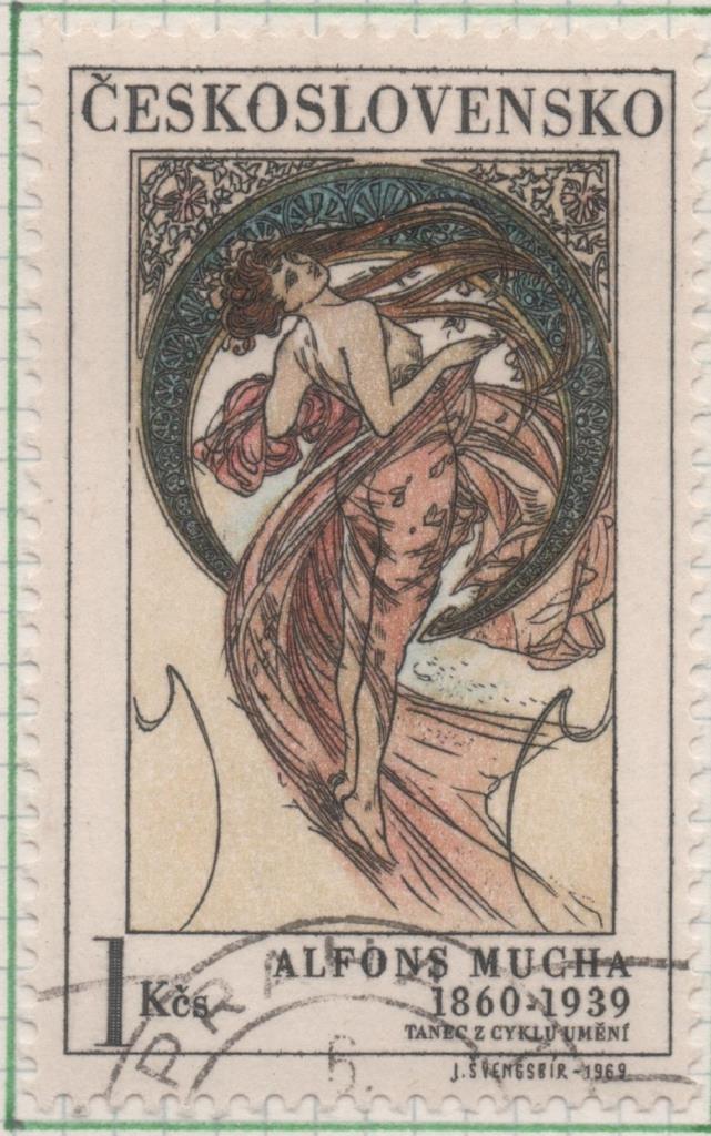 Sello E01563: hoja 101, Checoslovaquia: Sello Multicolor, dentaado. Mujer y arte. Pinturas de Alfons Mucha, 1860 - 1939. Danza, 1 Koruna