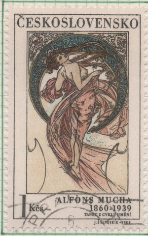 Sello E01563: hoja 101, Checoslovaquia: Sello Multicolor, dentaado. Mujer y arte. Pinturas de Alfons Mucha, 1860 - 1939. Danza, 1 Koruna