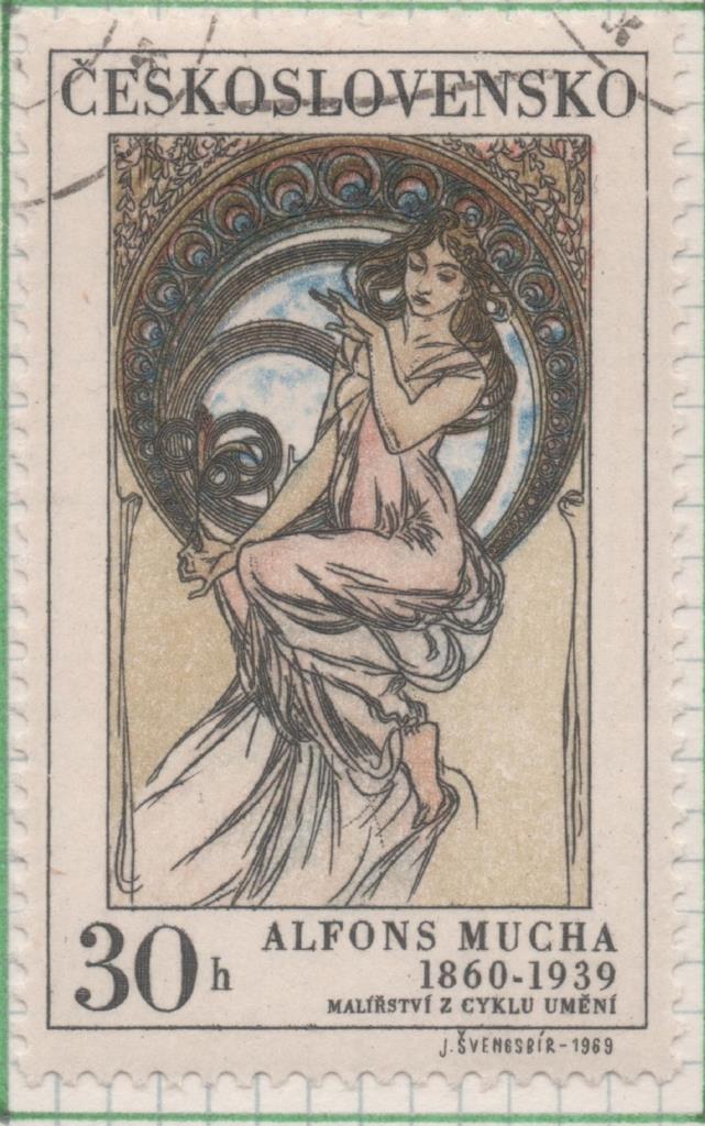Sello E01561: hoja 101, Checoslovaquia: Sello Multicolor, dentado. Mujer y arte. Pinturas de Alfons Mucha, 1860 - 1939. Pintura, 30 haleru