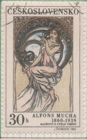 Sello E01561: hoja 101, Checoslovaquia: Sello Multicolor, dentado. Mujer y arte. Pinturas de Alfons Mucha, 1860 - 1939. Pintura, 30 haleru