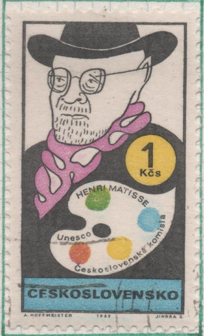 Sello E01559: hoja 100, Checoslovaquia: Sello Multicolor, dentado. Retratos satiricos de personajes culturales del sigle XX. Henri Matisse,1869-1954.Pintor,  1 Koruna