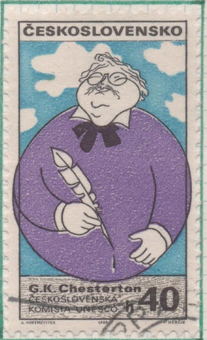 Sello E01557: hoja 100, Checoslovaquia: Sello Multicolor, dentado. Retratos satiricos de personajes cultarales del sigle XX. Gilbert K. Chesterton,1874-1936.Escritor, 40 Haleru