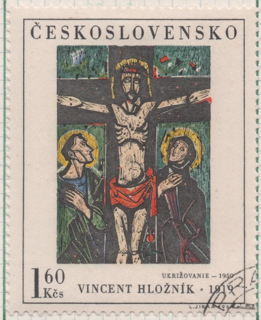 Sello E01585: hoja 102, Checoslovaquia: Sello Multicolor, dentado. Pinturas de la Galería Nacional de Praga. Crucifixión. Vincent Hložník. 1950, 1,60 Koruna