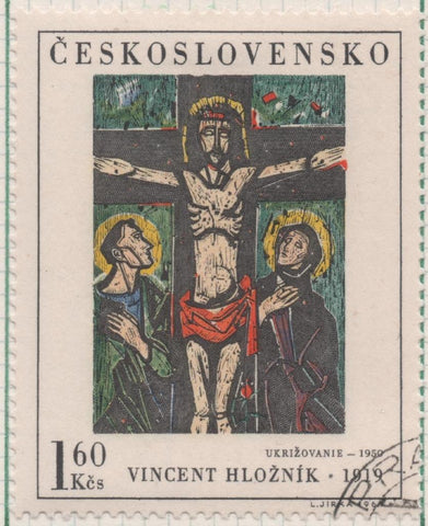 Sello E01585: hoja 102, Checoslovaquia: Sello Multicolor, dentado. Pinturas de la Galería Nacional de Praga. Crucifixión. Vincent Hložník. 1950, 1,60 Koruna