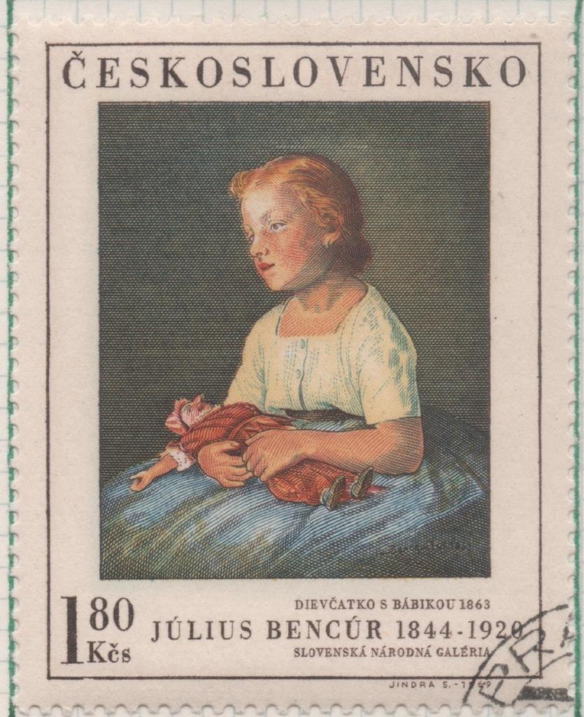 Sello E01586: hoja 102, Checoslovaquia: Sello Multicolor, dentado. Pinturas de la Galería Nacional de Praga. Niña con muñeca. Julius Bencúr. 1863, 1,80 Koruna