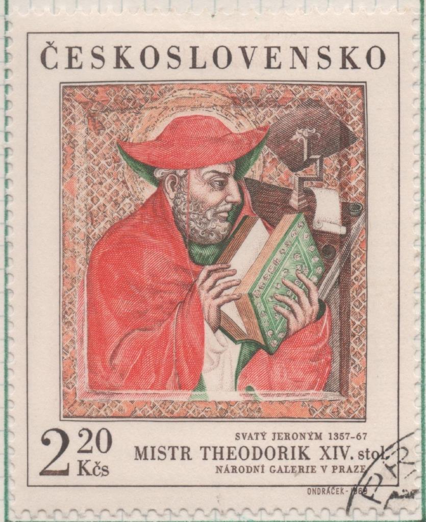 Sello E01587: hoja 102, Checoslovaquia: Sello Multicolor, dentado. Pinturas de la Galería Nacional de Praga. S. Jerónimo. Maestro Teodorico. 1357-67, 2,20 Koruny