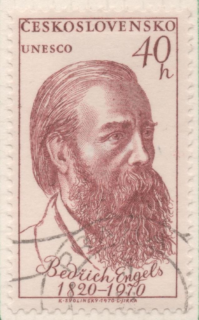 Sello E01618: hoja 105, Checoslovaquia: Sello Marron rojizo, dentado. Personajes.  Friedrich Engels,1820-1895.Filósofo, 40 Haleru
