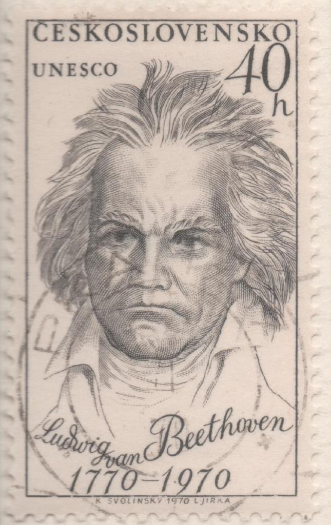 Sello E01617: hoja 105, Checoslovaquia: Sello Gris, dentado. Personajes. L. van Beethoven,1770-1827.Compositor, 40 Haleru 