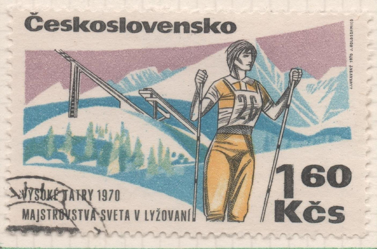 Sello E01616: hoja 105, Checoslovaquia: Sello Multicolor, dentado. Campeontos Mundiales de Esquí, Esquiadora, 1,60 Koruna