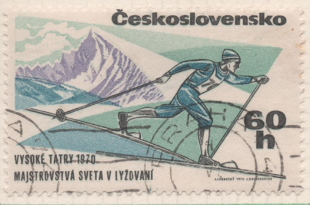 Sello E01614: hoja 105, Checoslovaquia: Sello Multicolor, dentado. Campeonatos Mundiales de Esquí. Esquí de fondo,60 Haleru
