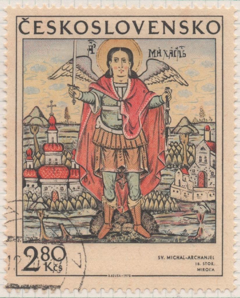 Sello E01611: hoja 104, Checoslovaquia: Sello Multicolor, dentado. Iconos Eslovacos. San Miguel Arcángel. Siglo XVIII, 2,80 Koruny