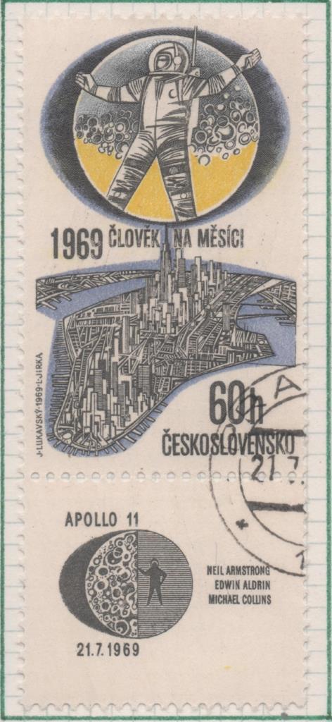 Sello E01607: hoja 104, Checoslovaquia: Sello Multicolor, dentado. Llegda del Hombre a la Luna. Astronauta y Vista de Manhattan, 60 Haleru