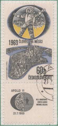 Sello E01607: hoja 104, Checoslovaquia: Sello Multicolor, dentado. Llegda del Hombre a la Luna. Astronauta y Vista de Manhattan, 60 Haleru
