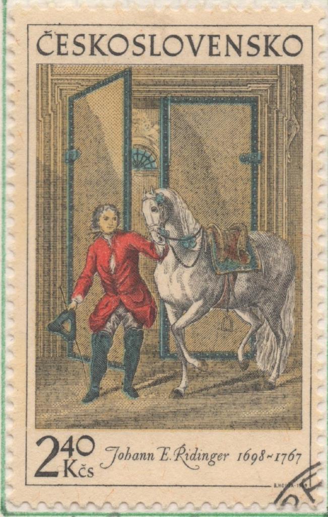 Sello E01605: hoja 103, Checoslovaquia: Sello Multicolor, dentado. El Caballo en la Pintura. Johann E. Ridinger. 1734, 2,40 Koruny
