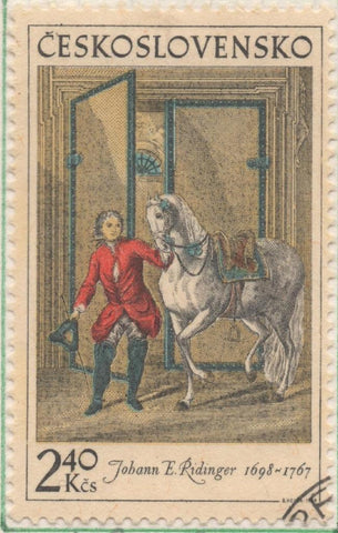 Sello E01605: hoja 103, Checoslovaquia: Sello Multicolor, dentado. El Caballo en la Pintura. Johann E. Ridinger. 1734, 2,40 Koruny