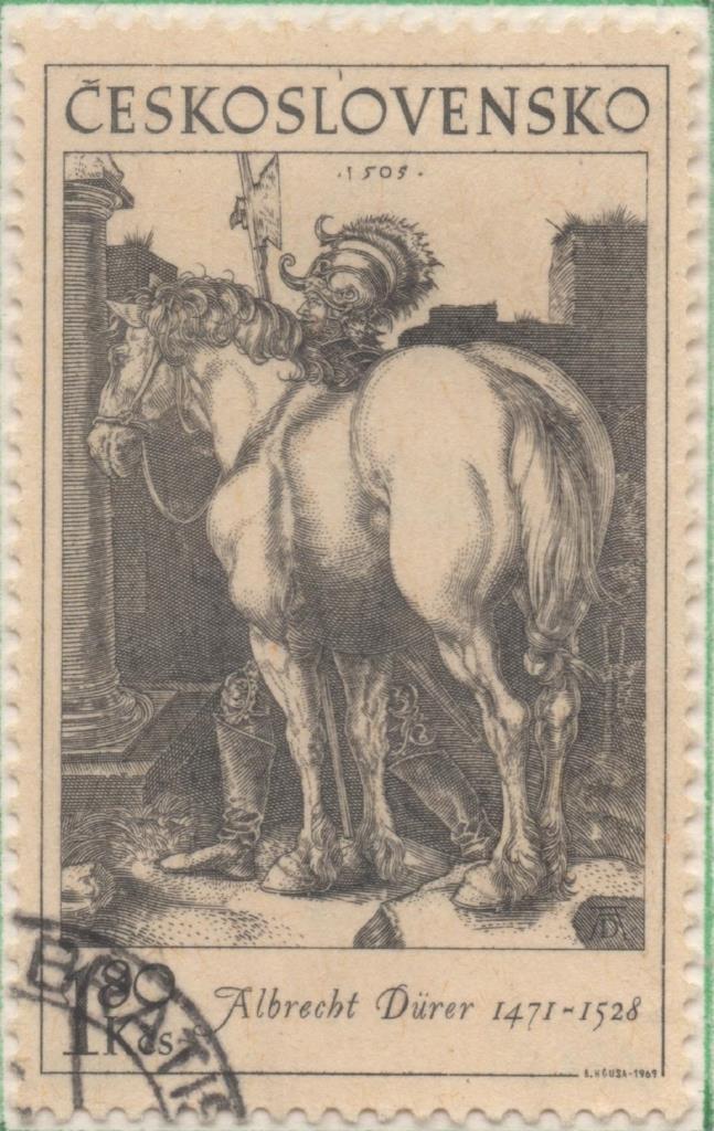 Sello E01604: hoja 103, Checoslovaquia: Sello Gris, dentado. El Caballo en la Pintura. Albrecht Dürer. 1505, 1,80 Koruna