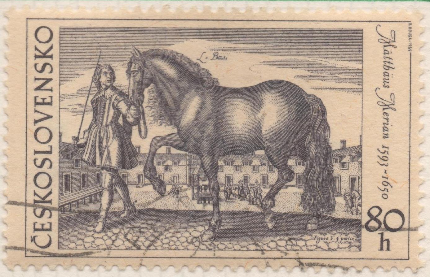Sello E01602: hoja 103, Checoslovaquia: Sello Gris oscuro, dentado. El Caballo en la Pintura. Matthaus Merian. 1626, 80 Haleru