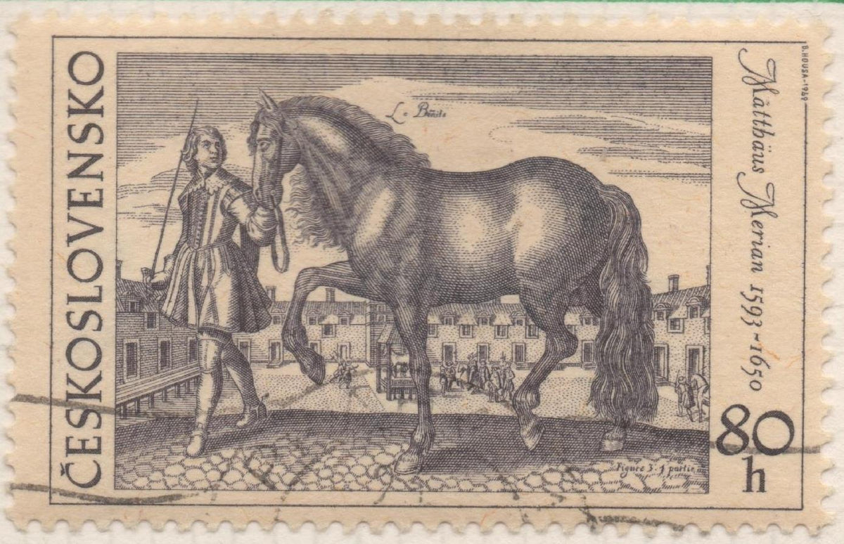 Sello E01602: hoja 103, Checoslovaquia: Sello Gris oscuro, dentado. El Caballo en la Pintura. Matthaus Merian. 1626, 80 Haleru