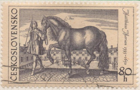 Sello E01602: hoja 103, Checoslovaquia: Sello Gris oscuro, dentado. El Caballo en la Pintura. Matthaus Merian. 1626, 80 Haleru