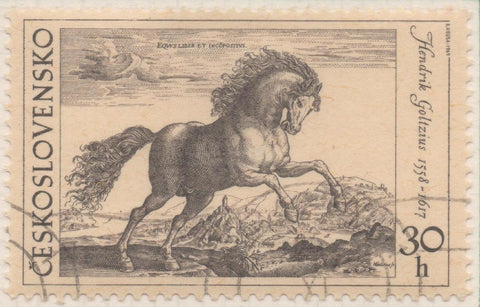 Sello E01601: hoja 103, Checoslovaquia: Sello Gris, dentado. El Caballo en la Pintura. Hendrik Goltzius. 1578, 30 haleru