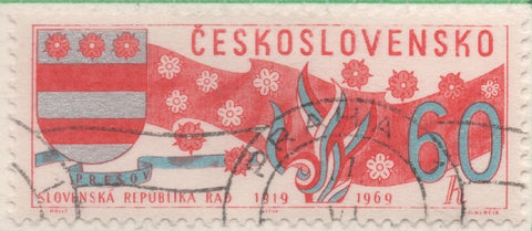 Sello E01599: hoja 103, Checoslovaquia: Sello Rojo y azul, dentado. Aniversarios. 50 Años del Consejo Republicano Eslovaco, 60 Haleru
