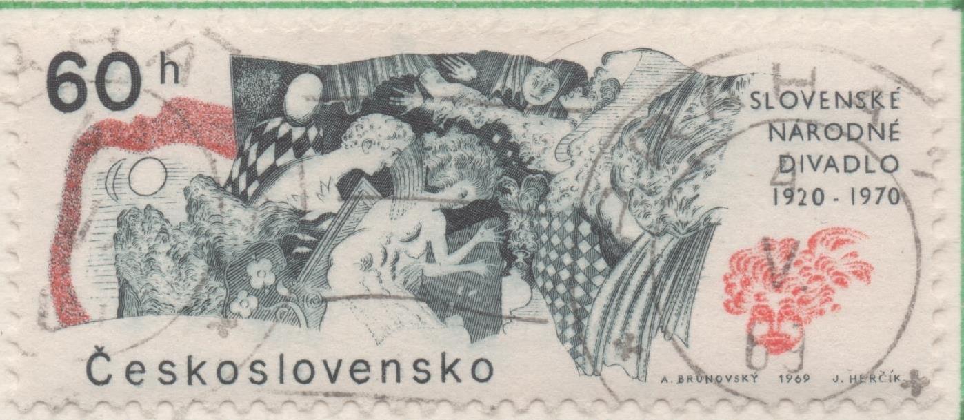 Sello E01598: hoja 103, Checoslovaquia: Sello Multicolor, dentado. Aniversarios. 50 Años de Teatro Nacional Eslovaco, 60 Haleru 