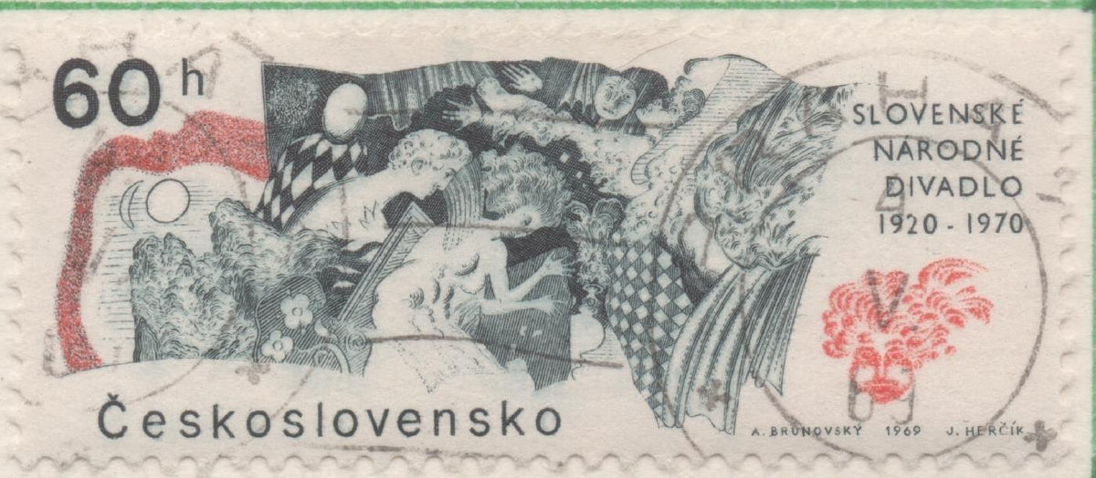 Sello E01598: hoja 103, Checoslovaquia: Sello Multicolor, dentado. Aniversarios. 50 Años de Teatro Nacional Eslovaco, 60 Haleru 