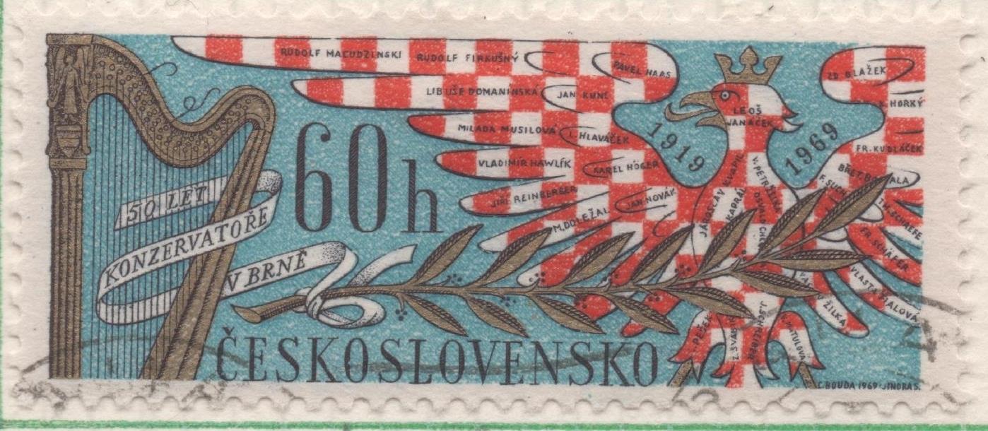 Sello E01597: hoja 103, Checoslovaquia: Sello Multicolor, dentado. Aniversarios. 50 Años del conservatorio de Brno, 60 Haleru