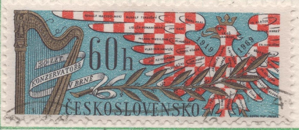 Sello E01597: hoja 103, Checoslovaquia: Sello Multicolor, dentado. Aniversarios. 50 Años del conservatorio de Brno, 60 Haleru