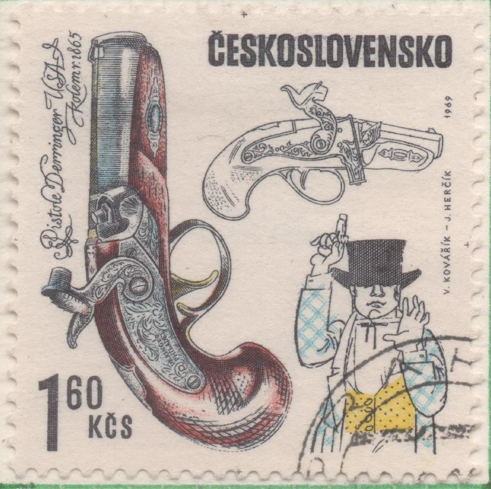 Sello E01593: hoja 103, Checoslovaquia: Sello Multicolor, dentado. Pistolas Antiguas. Pistolas Derringer. EEUU. 1865, 1,60 Koruna