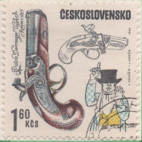 Sello E01593: hoja 103, Checoslovaquia: Sello Multicolor, dentado. Pistolas Antiguas. Pistolas Derringer. EEUU. 1865, 1,60 Koruna