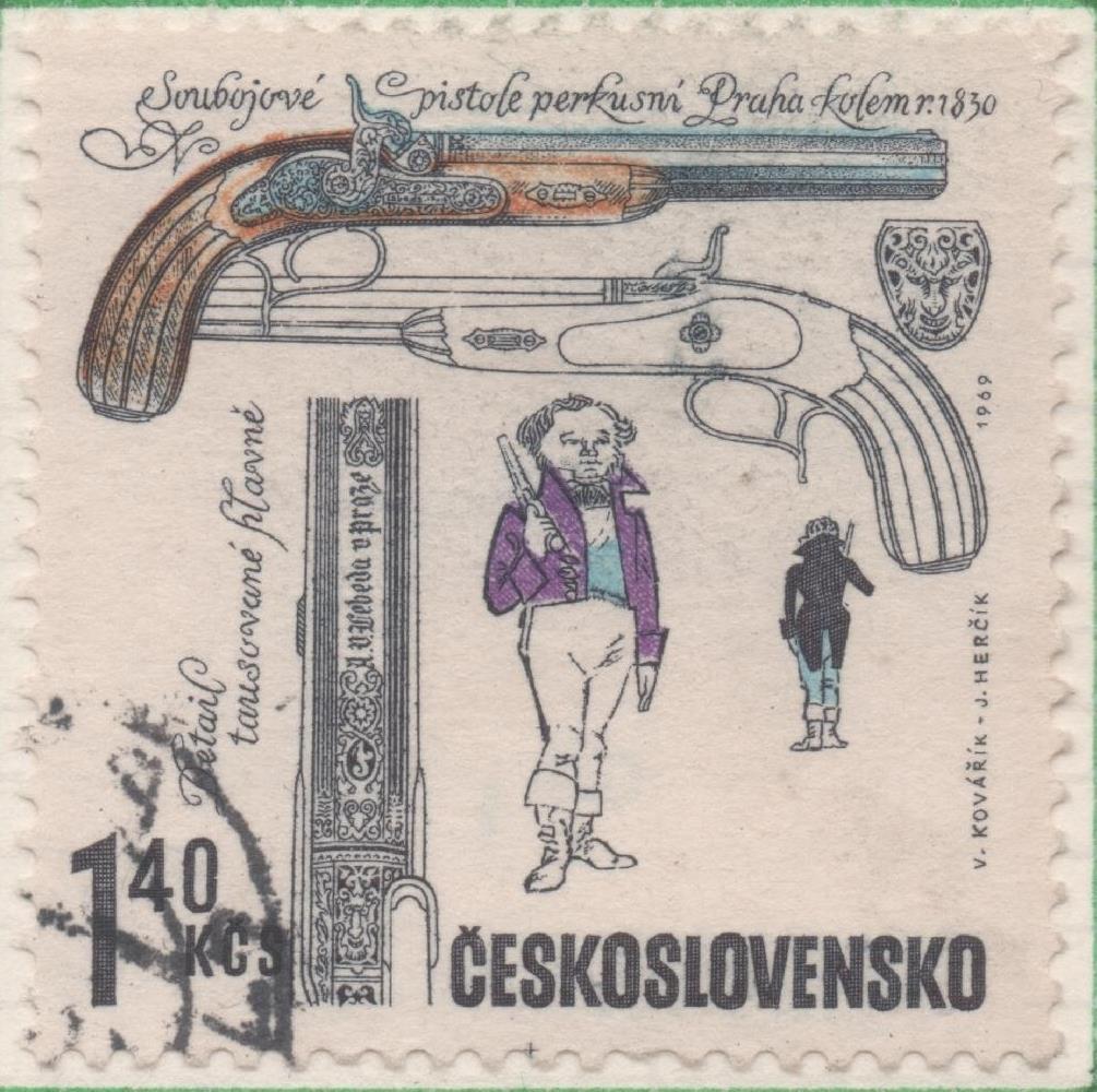 Sello E01592: hoja 103, Checoslovaquia: Sello Multicolor, dentado. Pistolas Antiguas. Pistolas de duelos. Praga. 1830, 1,40 Koruna 