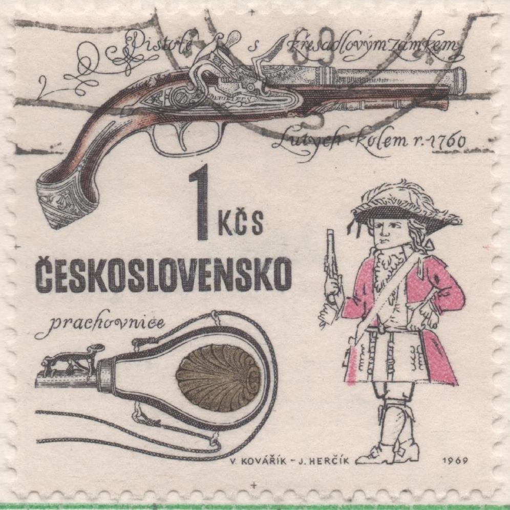 Sello E01591: hoja 103, Checoslovaquia: Sello Multicolor, dentado. Pistolas Antiguas. De Lieja. 1760, 1 Koruna