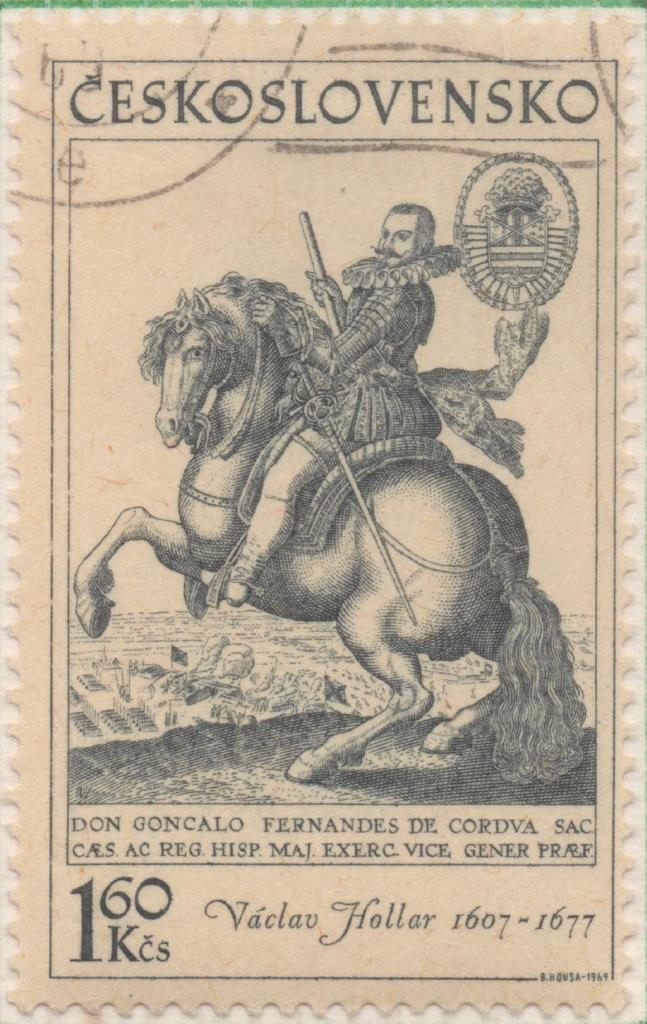 Sello E01603: hoja 103, Checoslovaquia: Sello Gris verdoso, dentado, El Caballo en la Pintura. Gonzalo Fernández de Córdoba. V. Hollar, 1,60 Koruna