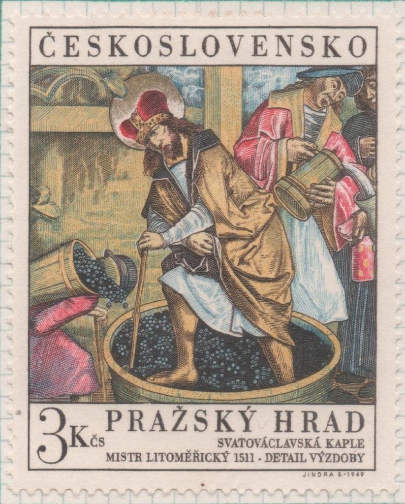 Sello E01554: hoja 100, Checoslovaquia: Sello Multicolor, dentado. Tesoros del Castillo de Praga. S. Wenceslao pisando uva. 1511, 3 Koruny
