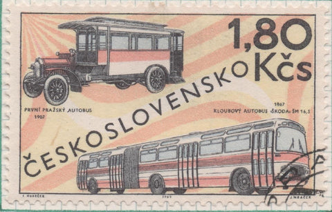 Sello E01552: hoja 100, Checoslovaquia: Sello Multicolor, dentado. Auatomoviles. 1º Bus de Praga. 1907 y bus de 1967, 1,80 Koruna
