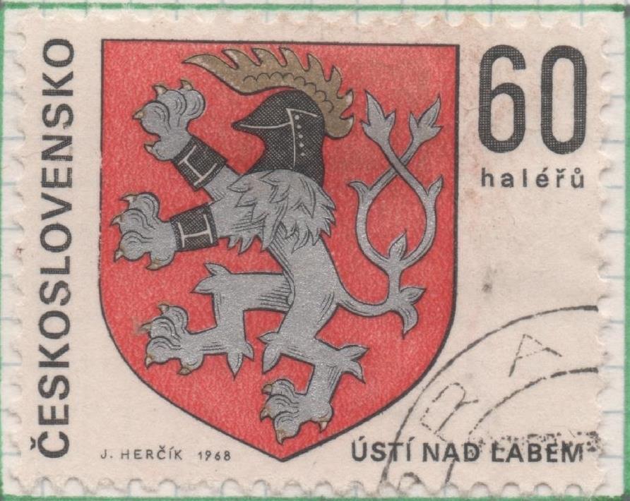 Sello E01517: hoja 97, Checoslovaquia: Sello Multicolor, dentado. Scudos Ciudades Regionales. Ústí nad Labem, 60 Haleru