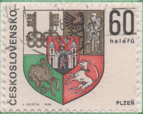 Sello E01516: hoja 97, Checoslovaquia: Sello Multicolor, dentado. Escudos Ciudades Regionales. Plzeň, 60 Haleru