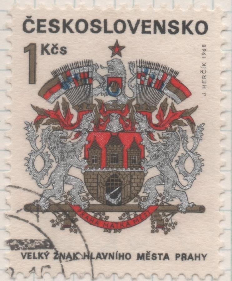 Sello E01515: hoja 97, Checoslovaquia: Sello Multicolor, dentado. Escudos Ciudades Regionales. Praga, 1 Koruna