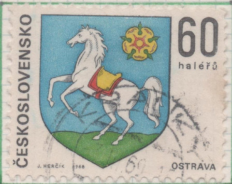 Sello E01514: hoja 97, Checoslovaquia: Sello Multicolor, dentado. Escudos Ciudades Regionales. Ostrava, 60 Haleru