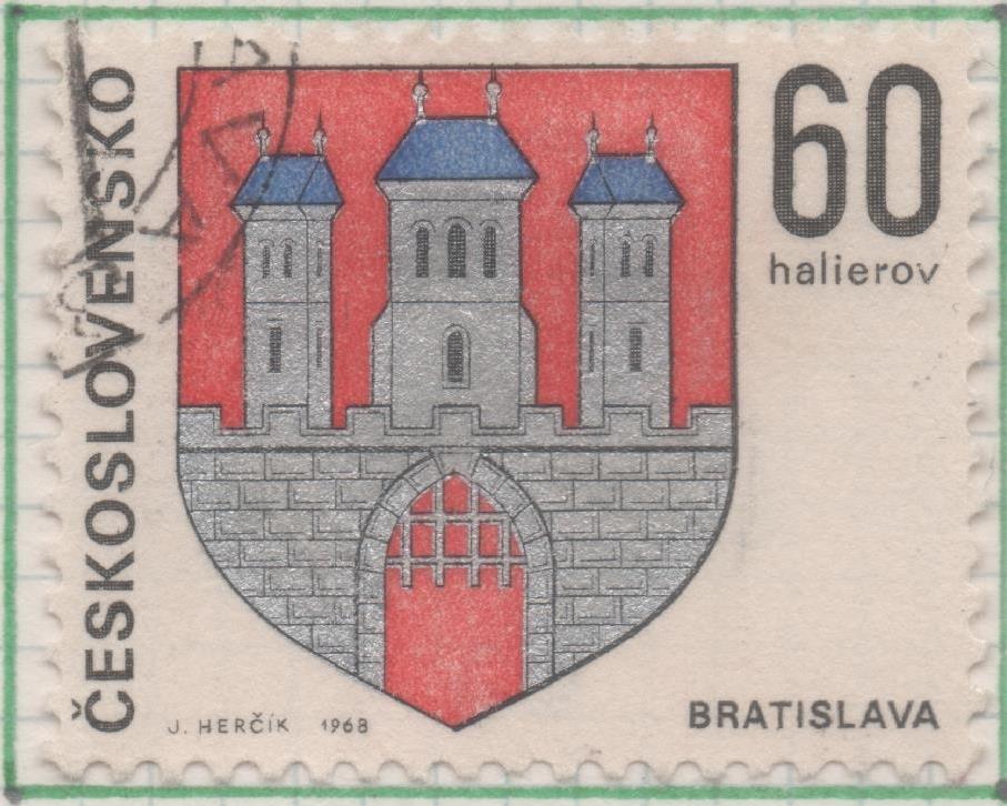 Sello E01509: hoja 97, Checoslovaquia: Sello Muoticolor, dentado. Escudos Ciudades Regionales. Bratislava, 60 Haleru
