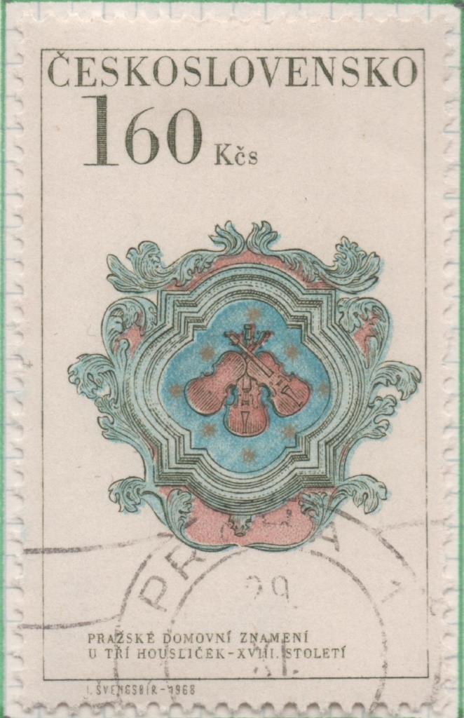 Sello E01505: hoja 97, Checoslovaquia: Sello Multicolor, dentado. Expo. Internacional de Filatélia "Praga 68". Tres violines Insignia. Siglo XVIII, 1,60 Haleru
