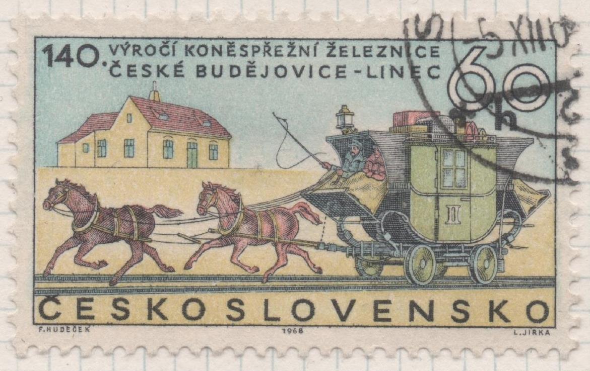 Sello E01500: hoja 96, Checoslovaquia: Sello Multicolor, dentado.  140 Años de la diligencia sobre vía férrea Ceske - Budejovice - Linz , 60 Haleru