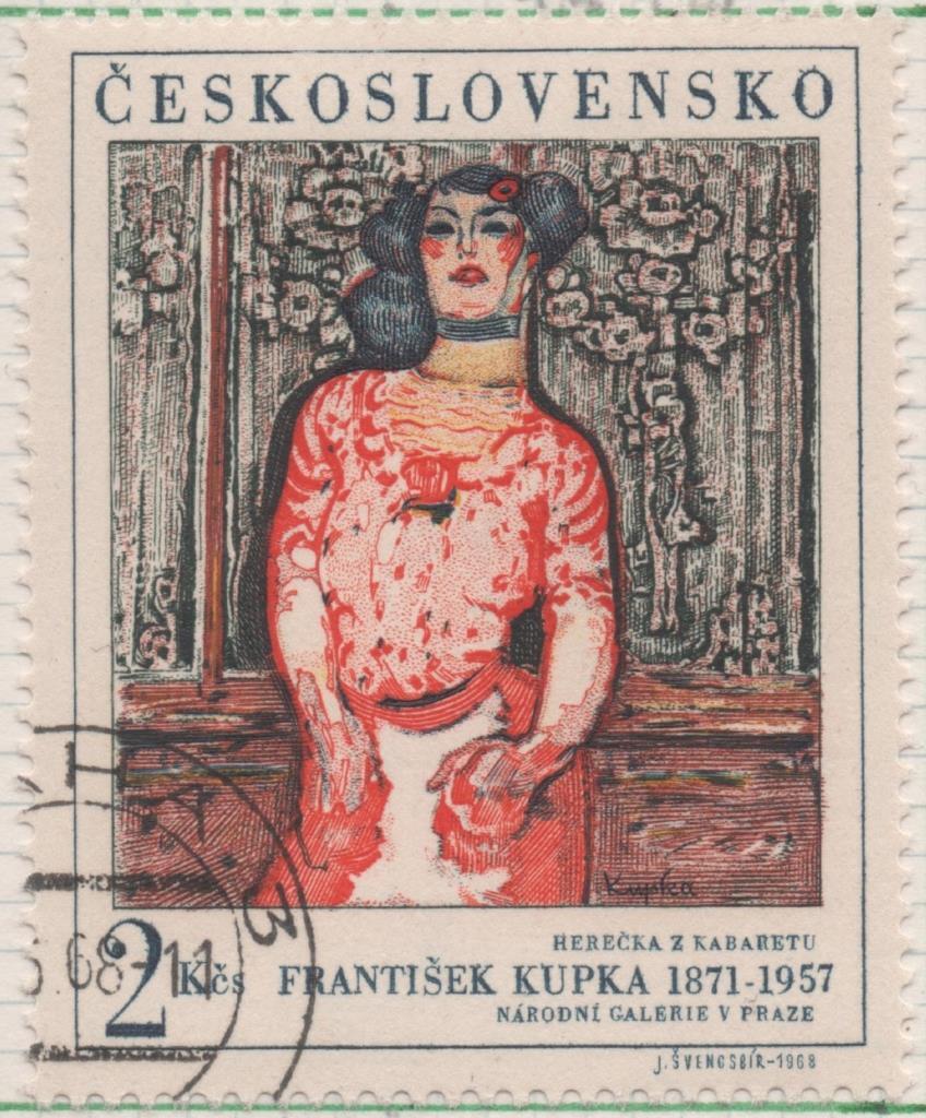 Sello E01499: hoja 96, Checoslovaquia: Sello Multicolor, dentado. Expo. Filatélica Inrernacional de Praga 68. "Cabaretera". Frantisek Kupka, 1871-1957, 2 Koruny