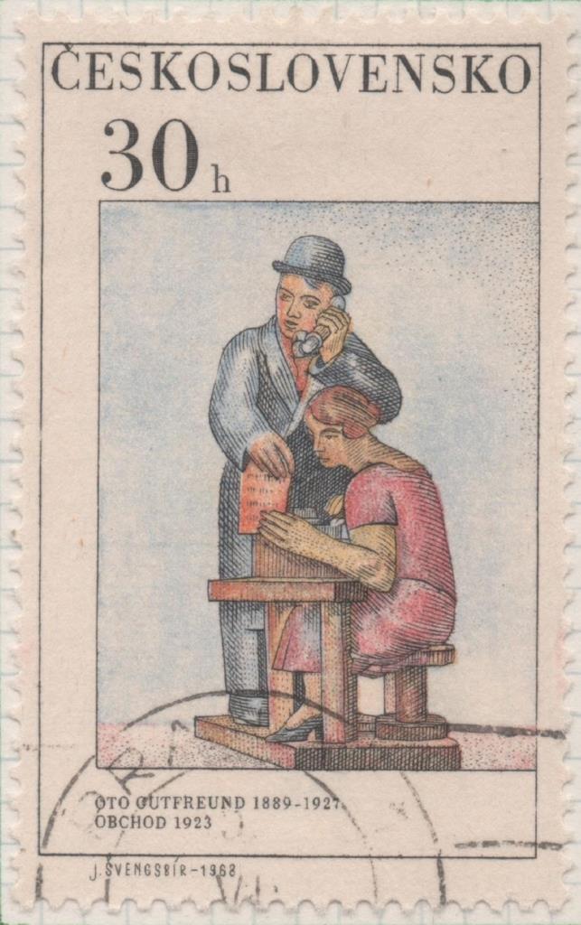 Sello E01494: hoja 96, Checoslovaquia: Sello Multicolor, dentado. Expo. Filatélica Internacional de Praga 68.  "Negocio". Escultura de Otto Gutfreund, 30 Haleru 