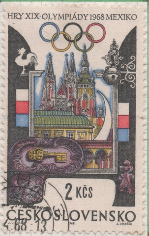 Sello E01493: hoja 95, Checoslovaquia: Sello Multicolor, dentado. Olimpiadas de Mexico. Castillo de Praga y llave, 2 Koruny