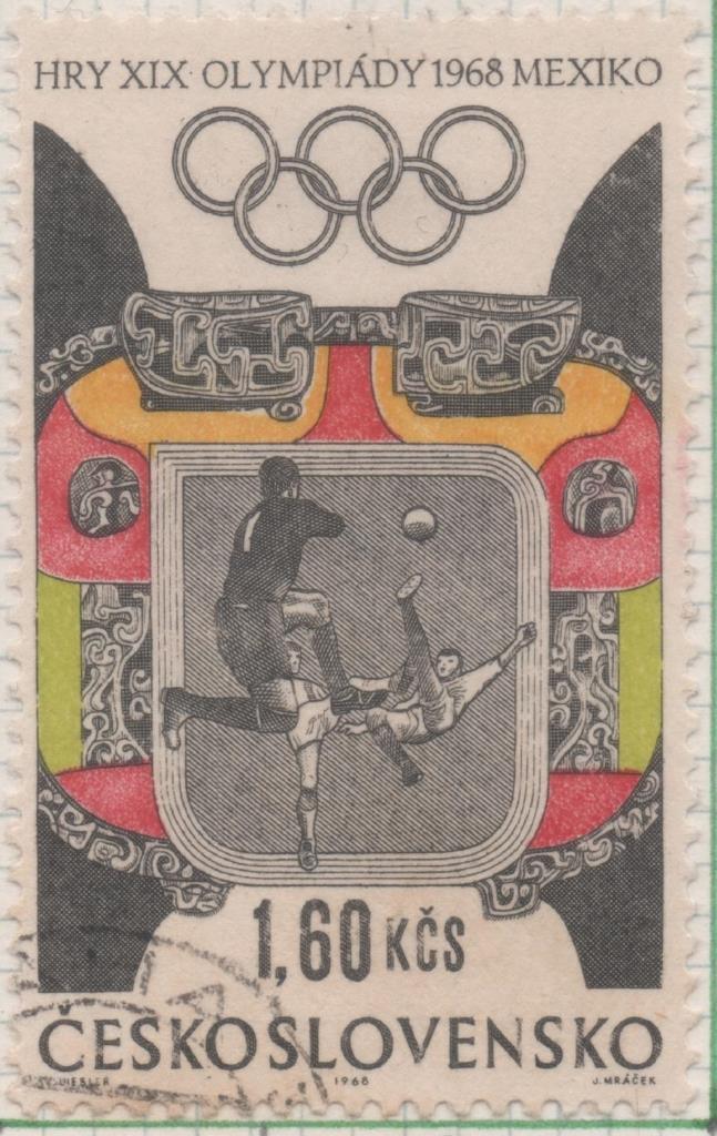 Sello E01492: hoja 95, Checoslovaquia: Sello Multicolor, dentado. Olimpiadas de Mexico. Fútbol y ornamentos aztecas, 1,60 Koruna