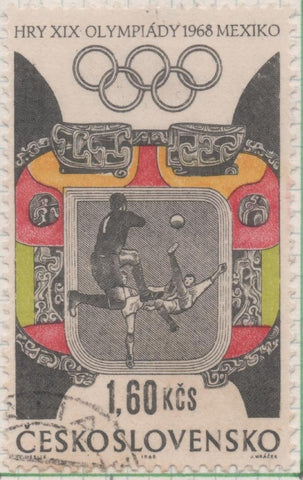 Sello E01492: hoja 95, Checoslovaquia: Sello Multicolor, dentado. Olimpiadas de Mexico. Fútbol y ornamentos aztecas, 1,60 Koruna